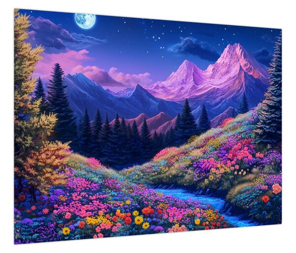 Obraz - Fioletowy krajobraz przy pełni księżyca (70x50 cm)