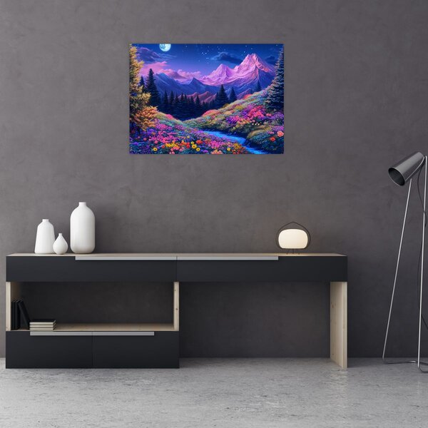 Obraz - Fioletowy krajobraz przy pełni księżyca (70x50 cm)