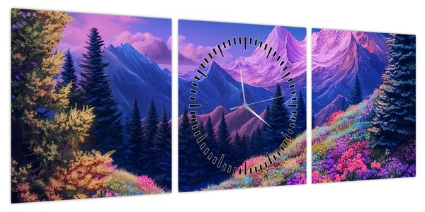 Obraz - Fioletowy krajobraz przy pełni księżyca (z zegarem) (90x30 cm)