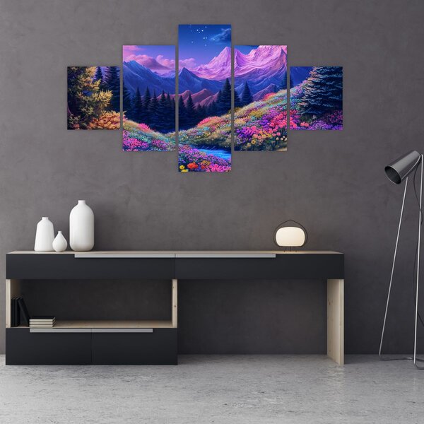 Obraz - Fioletowy krajobraz przy pełni księżyca (125x70 cm)