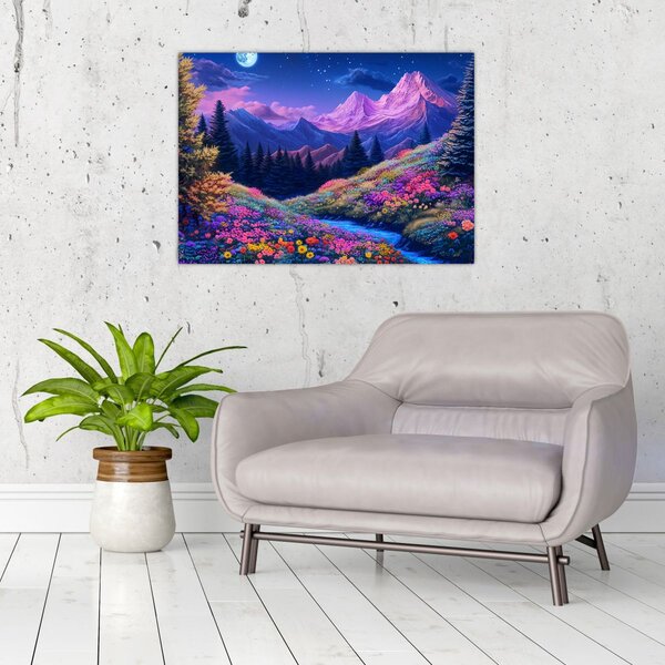 Obraz - Fioletowy krajobraz przy pełni księżyca (70x50 cm)
