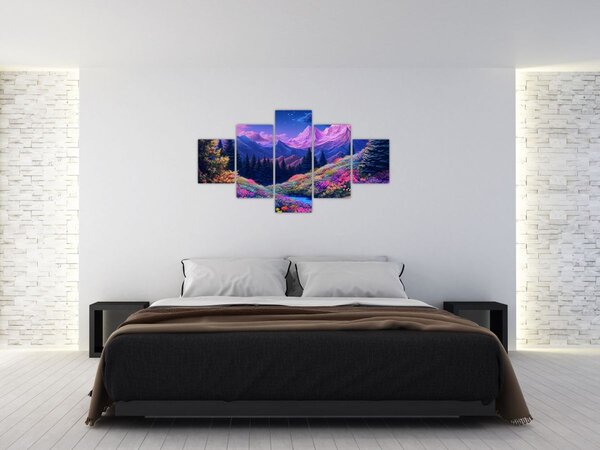 Obraz - Fioletowy krajobraz przy pełni księżyca (125x70 cm)