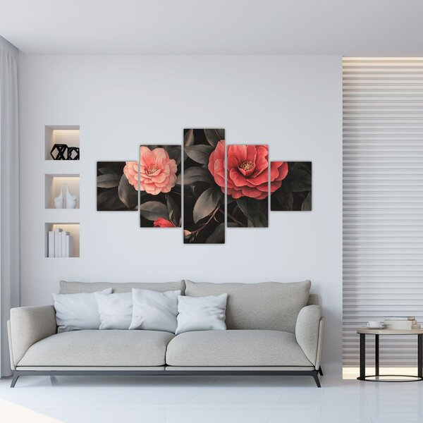 Obraz - Czerwone kwiaty na ciemnym tle (125x70 cm)