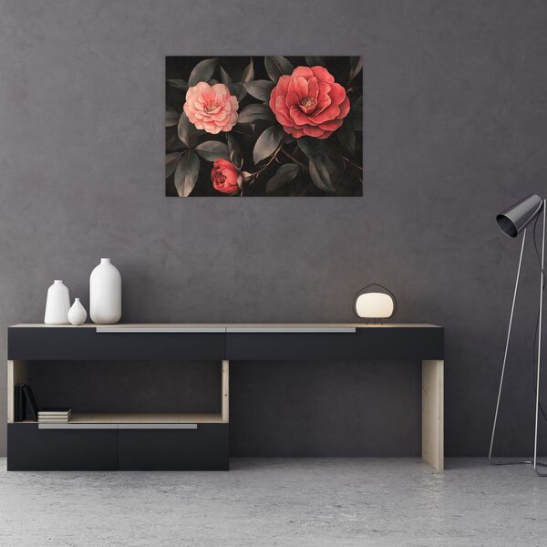 Obraz - Czerwone kwiaty na ciemnym tle (70x50 cm)