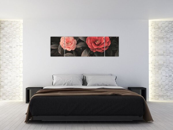 Obraz - Czerwone kwiaty na ciemnym tle (170x50 cm)