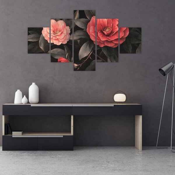 Obraz - Czerwone kwiaty na ciemnym tle (125x70 cm)