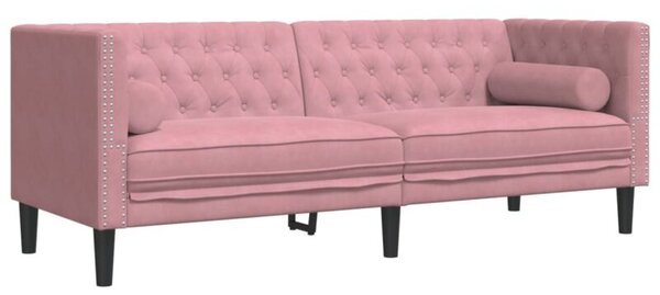 Sofa chesterfield z waÅkami, trzyosobowa, rÃ³Å¼owa, aksamit