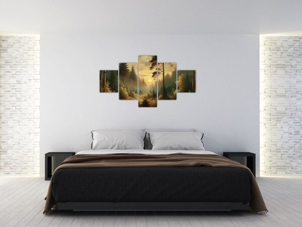 Obraz - Słońce świecące przez las (125x70 cm)