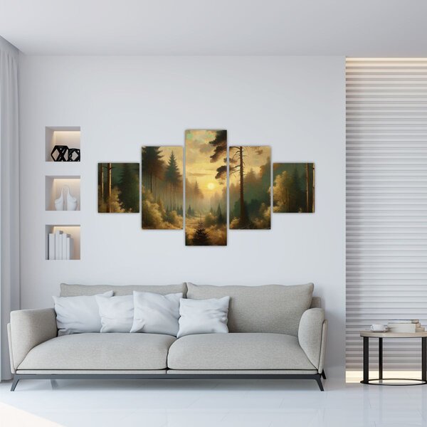 Obraz - Słońce świecące przez las (125x70 cm)