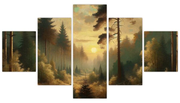 Obraz - Słońce świecące przez las (125x70 cm)