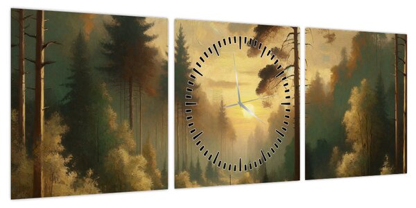Obraz - Słońce świecące przez las (z zegarem) (90x30 cm)
