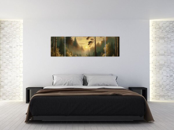Obraz - Słońce świecące przez las (170x50 cm)