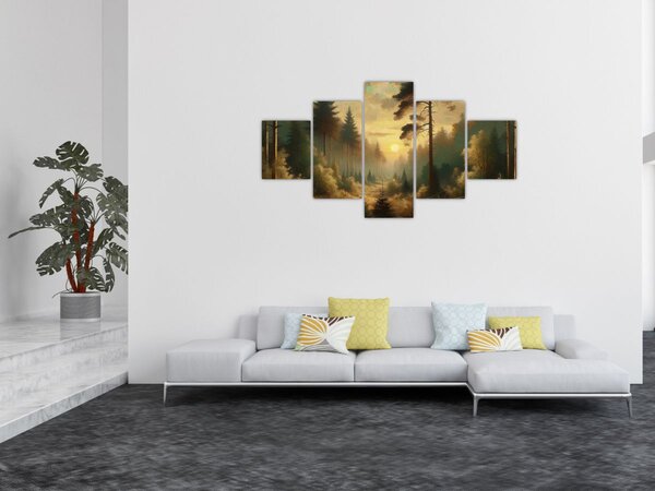Obraz - Słońce świecące przez las (125x70 cm)