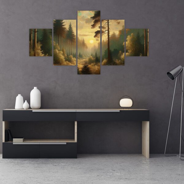 Obraz - Słońce świecące przez las (125x70 cm)