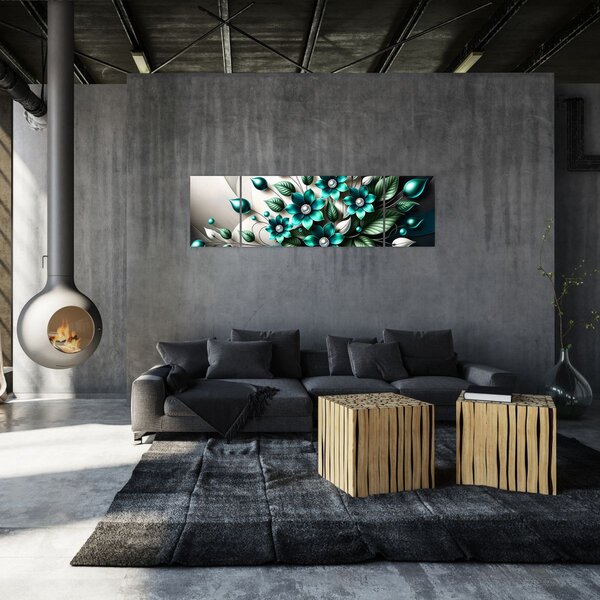 Obraz - 3D turkusowe kwiaty (170x50 cm)