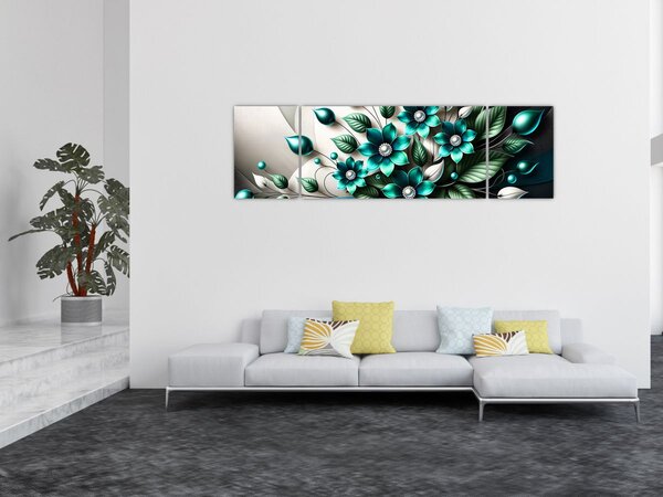 Obraz - 3D turkusowe kwiaty (170x50 cm)