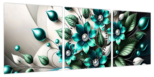 Obraz - 3D turkusowe kwiaty (z zegarem) (90x30 cm)