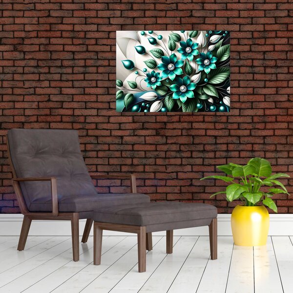 Obraz - 3D turkusowe kwiaty (70x50 cm)