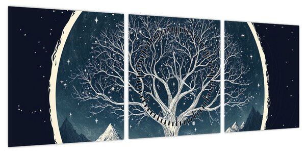 Obraz – Magiczne drzewo z jeleniem II. (z zegarem) (90x30 cm)