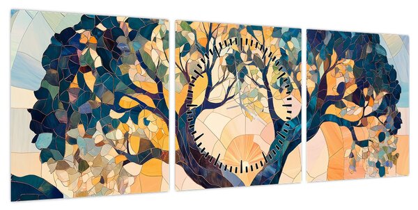 Obraz – Mozaika – słońce i drzewo II. (z zegarem) (90x30 cm)