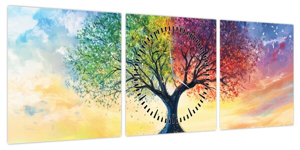 Obraz – Malowane drzewo czterech pór roku (z zegarem) (90x30 cm)