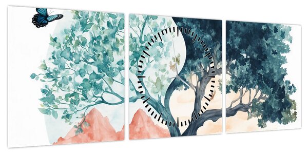 Obraz – Akwarelowe drzewo pełne życia (z zegarem) (90x30 cm)