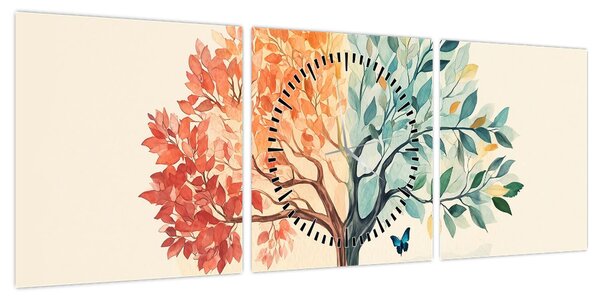 Obraz – Podwójne drzewo z motylem (z zegarem) (90x30 cm)