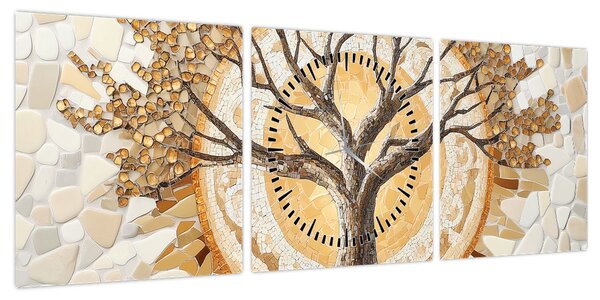 Obraz – Złote drzewo życia w mozaice (z zegarem) (90x30 cm)