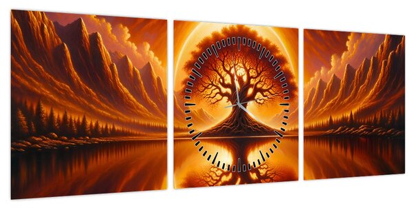 Obraz – Drzewo w krwawym słońcu (z zegarem) (90x30 cm)