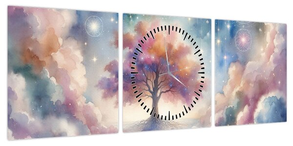 Obraz – Drzewo życia w chmurach (z zegarem) (90x30 cm)
