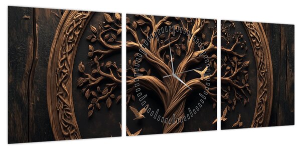 Obraz – Drewniane drzewo życia (z zegarem) (90x30 cm)