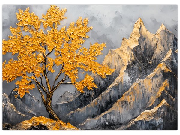 Obraz – Złote drzewo w górach (70x50 cm)