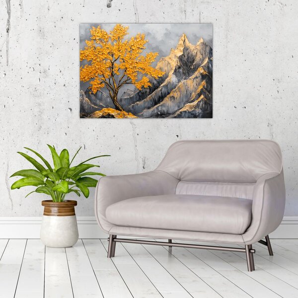 Obraz – Złote drzewo w górach (70x50 cm)