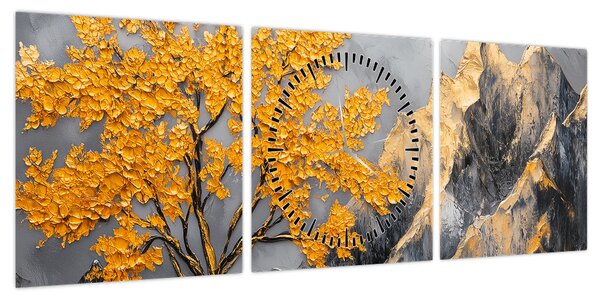Obraz – Złote drzewo w górach (z zegarem) (90x30 cm)