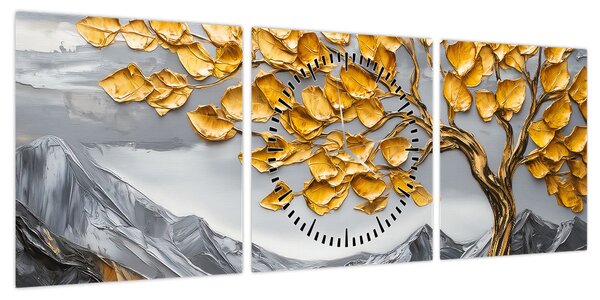 Obraz – Drzewo ze złotymi liśćmi (z zegarem) (90x30 cm)