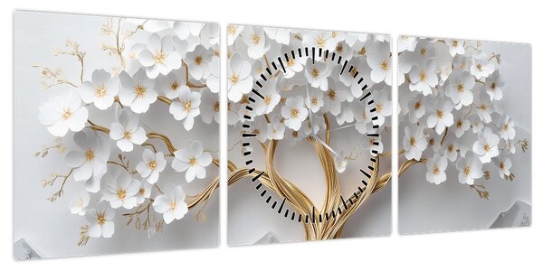 Obraz – Eleganckie drzewo życia 3D pełne kwiatów (z zegarem) (90x30 cm)