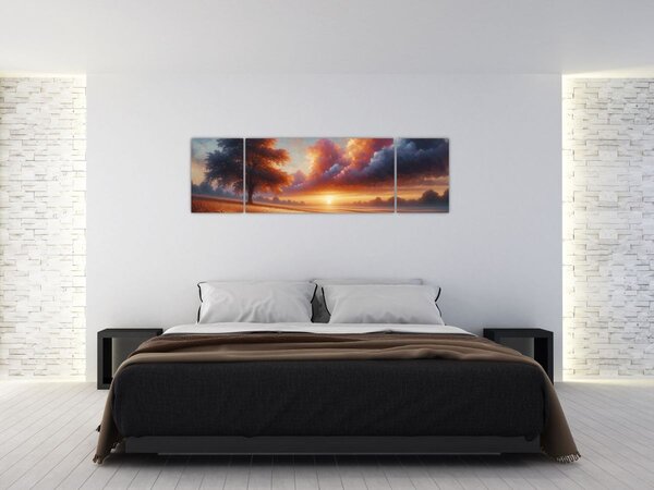 Obraz – Zachód słońca na polu (170x50 cm)