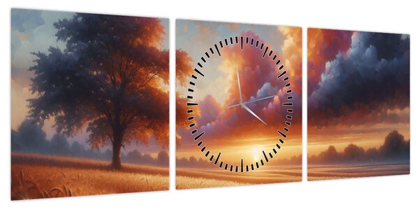 Obraz – Zachód słońca na polu (z zegarem) (90x30 cm)