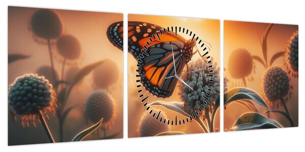Obraz – Motyl w zachodzącym słońcu (z zegarem) (90x30 cm)