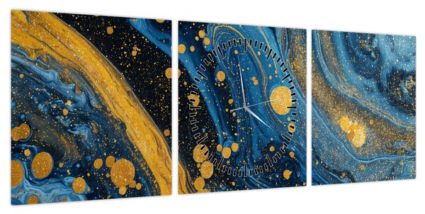 Obraz - Niebieska abstrakcja ze złotem (z zegarem) (90x30 cm)