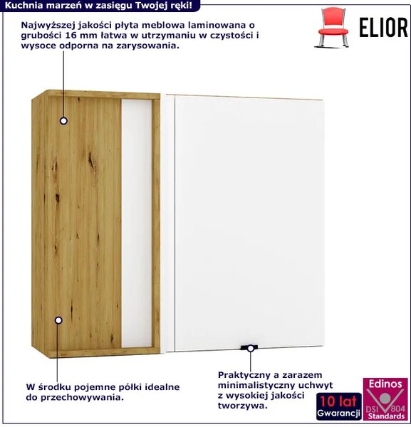 Narożna szafka kuchenna górna z pojedynczym frontem biały + dąb artisan K5-T19