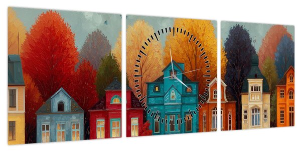 Obraz - Malowane jesienne miasto (z zegarem) (90x30 cm)