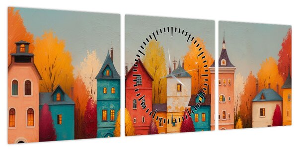 Obraz - Jesienna wieś (z zegarem) (90x30 cm)