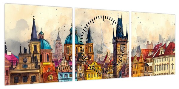 Obraz - Jesień w malowanym mieście (z zegarem) (90x30 cm)