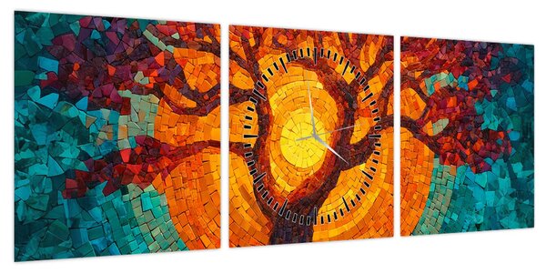 Obraz - Drzewo życia i słońce w mozaice (z zegarem) (90x30 cm)