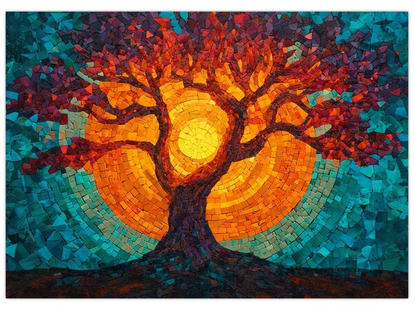 Obraz - Drzewo życia i słońce w mozaice (70x50 cm)