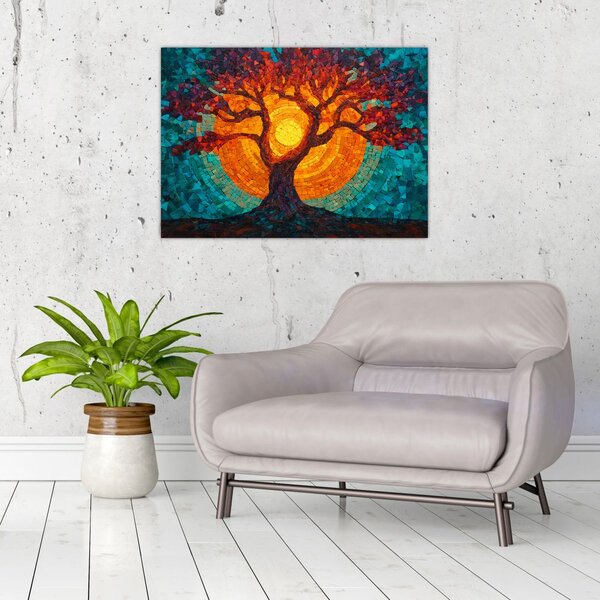 Obraz - Drzewo życia i słońce w mozaice (70x50 cm)
