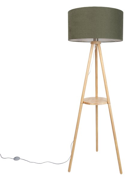 Drewniana lampa podłogowa na trójnogu z zielonym abażurem 50 cm - Lou
