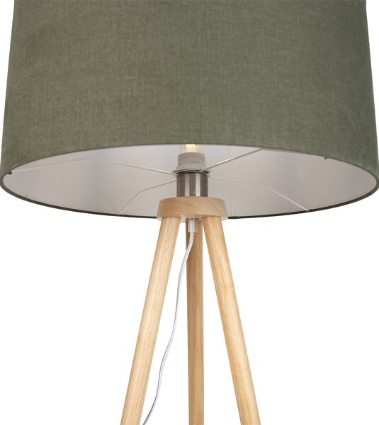 Drewniana lampa podłogowa na trójnogu z zielonym abażurem 50 cm - Lou