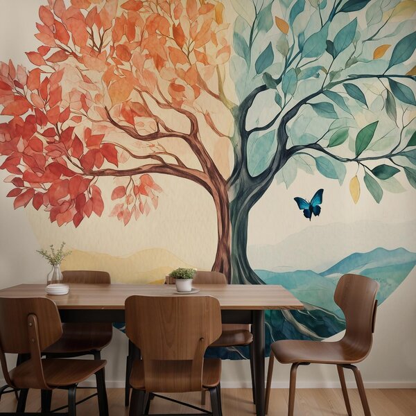 Fototapeta - Podwójne drzewo z motylem (196x136 cm)